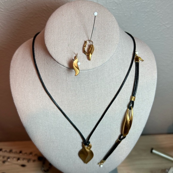 Monet Black Leather with Gold-tone Leaf Pendant Necklace, Bracelet & Earring Set - Picture 3 of 4